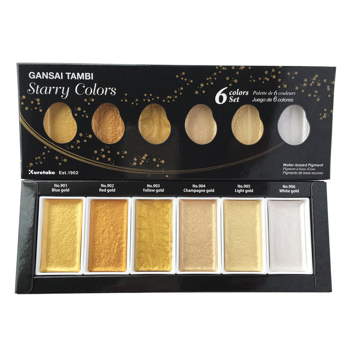 Kuretake Gansai Tambi Watercolor Set - STARRY COLORS Gold Metallic - 6 Colors