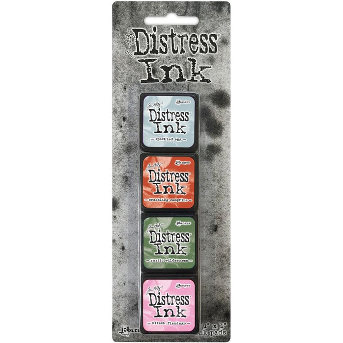 Tim Holtz Ranger Distress Ink Pad - Mini Kits - KIT #16 (Speckled Egg, Crackling Campfire, Rustic Wilderness, Kitsch Flamingo)